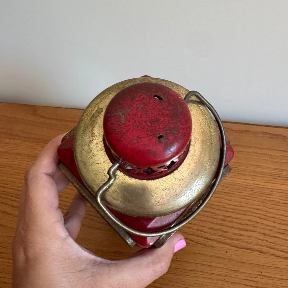 Vintage Red Metal and Brass Glass Pane Lantern Candle Holder Made in Hong Kong